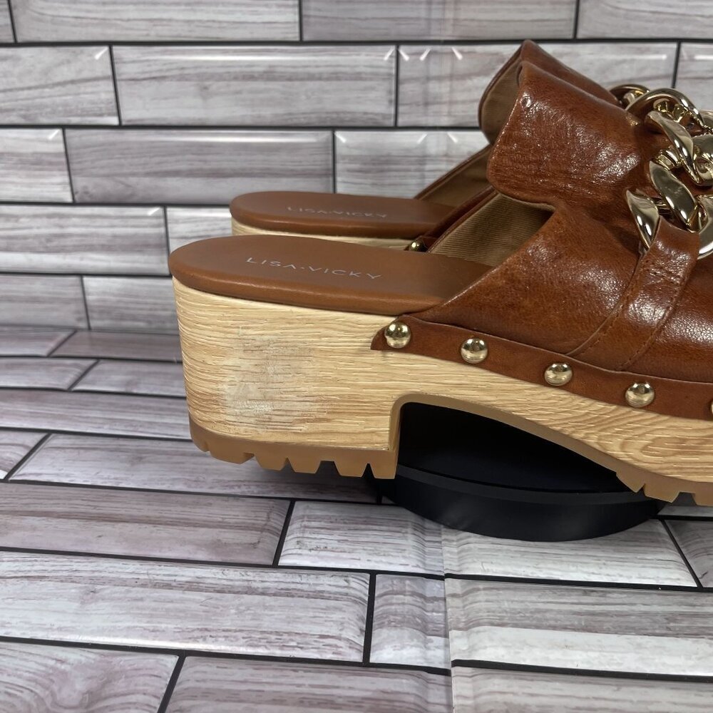 Lisa Vicky Brown Leather Mules with Gold Chain - Picture 2 of 10